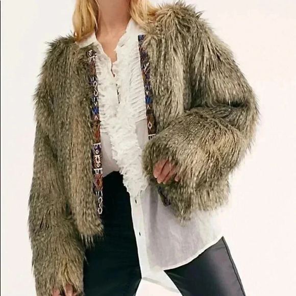 Free People Unwritten Faux Fur Shag Jacket Tribal - Picture 3 of 4